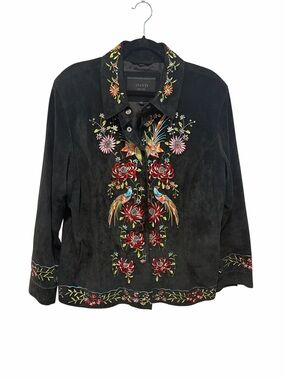 Avanti black suede bird embroidered snap front jacket size 1X